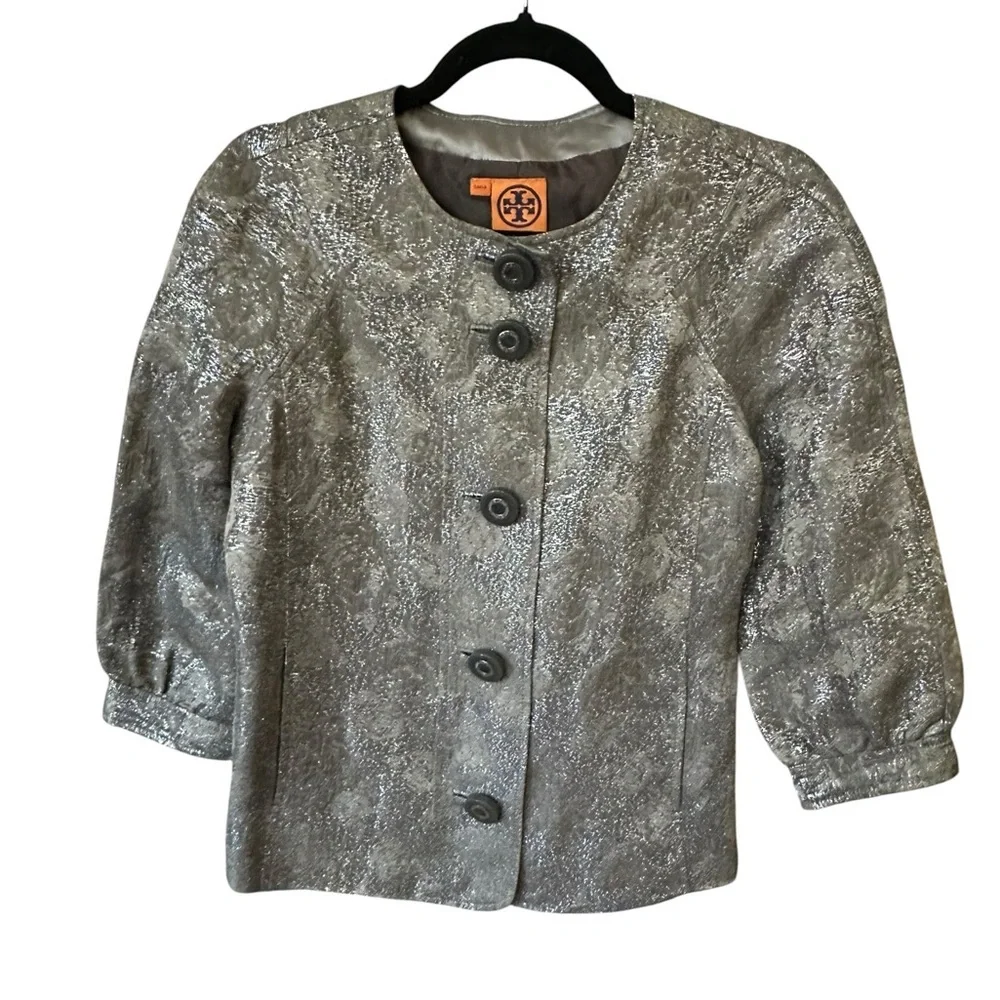 Tory Burch Silver Brocade Button-Front Jacket size 4